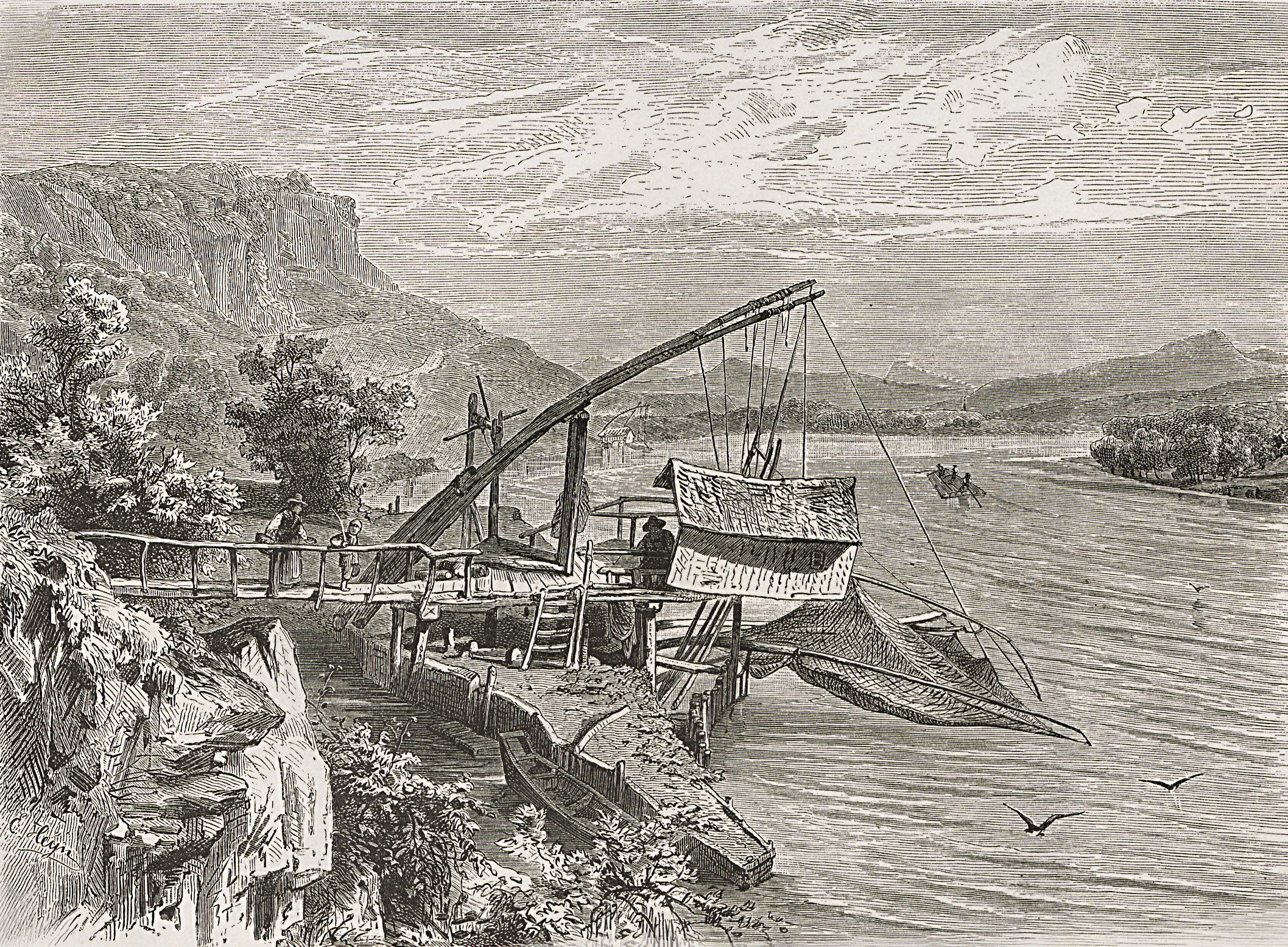 A print of a fishing installation that is a similar design to the one sketched by Turner in 1844